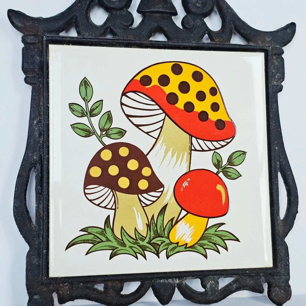 1970 Sears Roebuck Merry Mushroom Trivet Cast Iron Ceramic Tile Wall Decor Retro